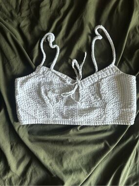 White Seersucker Tie-Front Crop Top